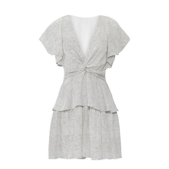 A.L.C. Viera Dress Silk Flutter Sleeve Twist Front Tiered Mini White  2 - Picture 2 of 10